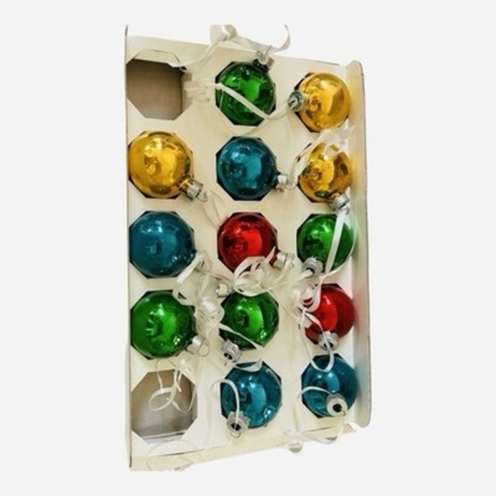Vintage Holly Brand Christmas Tree Ornaments Box of 13 Multicolor Glass Balls - Picture 5 of 5